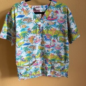 Colorful Cartoon Print Scrub Top
